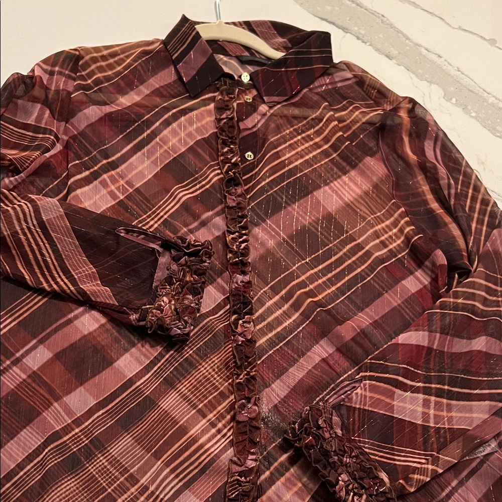 Zara Burgundy and Pink Plaid Button-Down Shirt